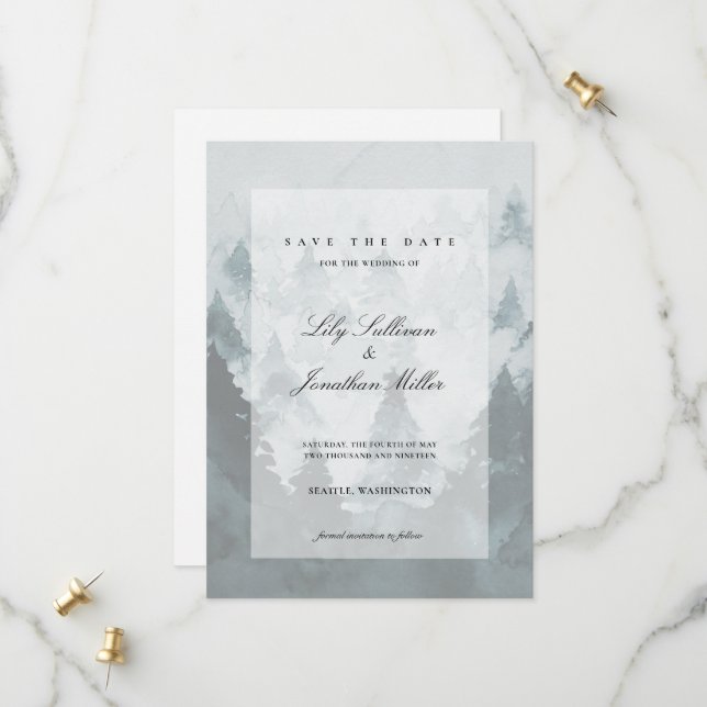 Foggy Mountains Sheer Overlay Ethereal Lux Wedding Save The Date (Front/Back In Situ)
