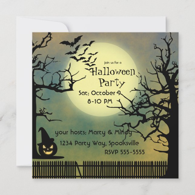 Foggy Night with Jack o'lantern and Full Moon Invitation (Front)