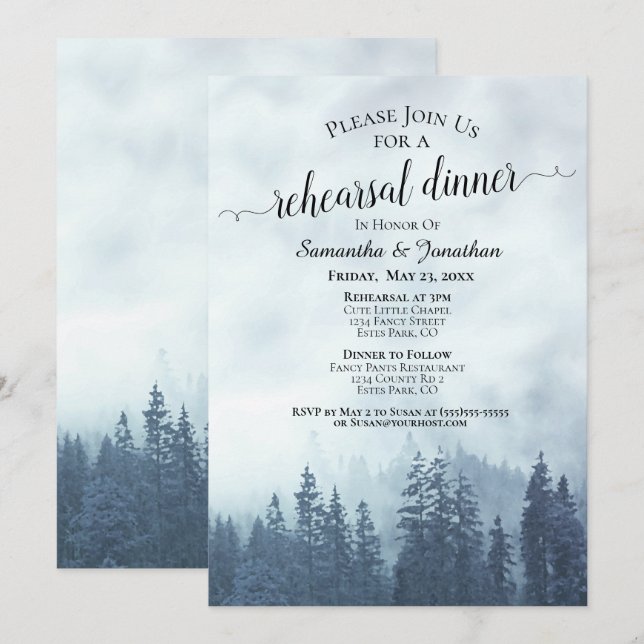 Foggy Pine Woods Blue Wedding Rehearsal & Dinner Invitation (Front/Back)