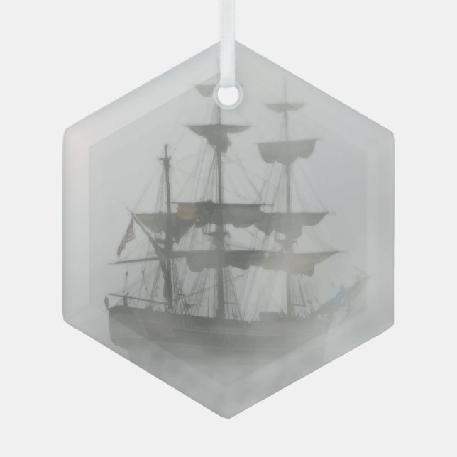 Foggy Pirate Ship Sailing Sailor Ocean Sea Glass Ornament (Front)