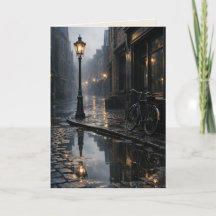 Foggy Street with Vintage Bicycle Blank Art Card