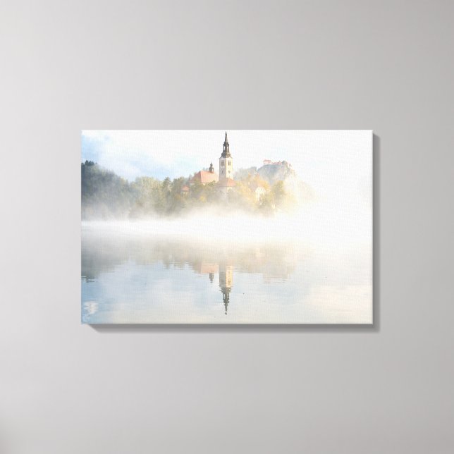 Foggy sunrise at Lake Bled Canvas Print (Front)