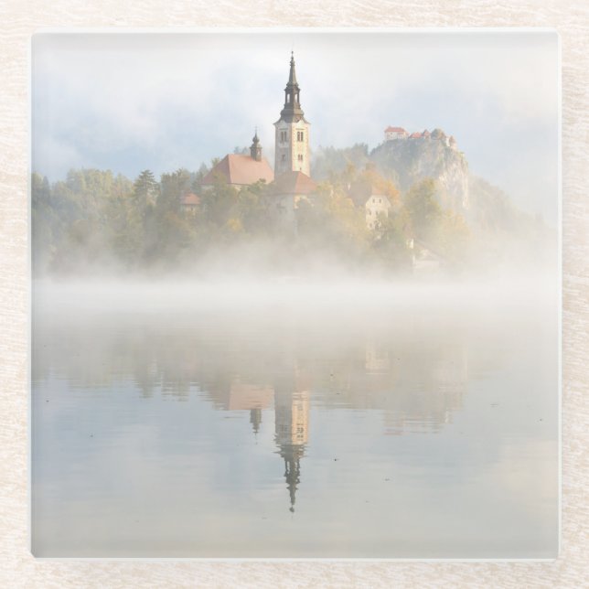 Foggy sunrise at Lake Bled Glass Coaster (Front)