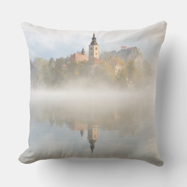 Foggy sunrise at Lake Bled Throw Pillow (Front)