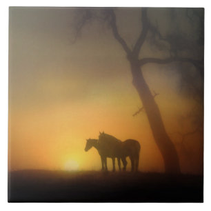 Foggy Sunrise Horses and Oaktree Tile