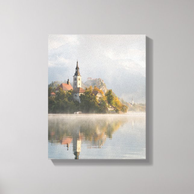 Foggy sunrise Lake Bled vertical canvas (Front)