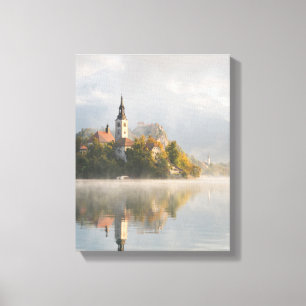 Foggy sunrise Lake Bled vertical canvas Print