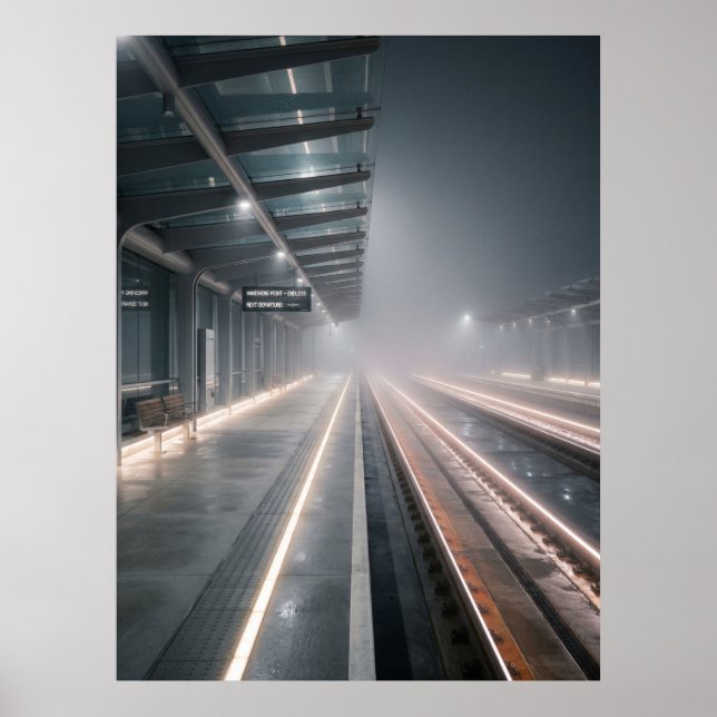 Foggy Train Station Night Lights Poster (Front)