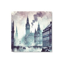 Foggy Urban Scene Building, Cathedral, Vintage Car