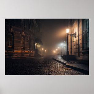 Foggy Victorian Cobblestone Alley Glow Poster