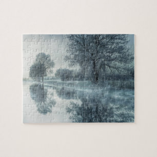 Foggy Winter Scene of a Lake, with Trees, and Sky Jigsaw Puzzle