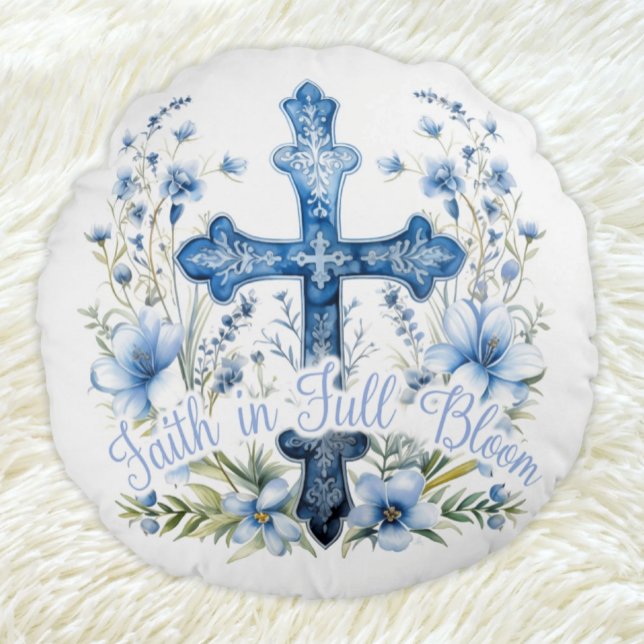 Foi Coussin ronde en pleine floraison Bluebonnet P (Christian Easter Pillow Faith in Full Bloom Bluebonnet Floral with Cross)