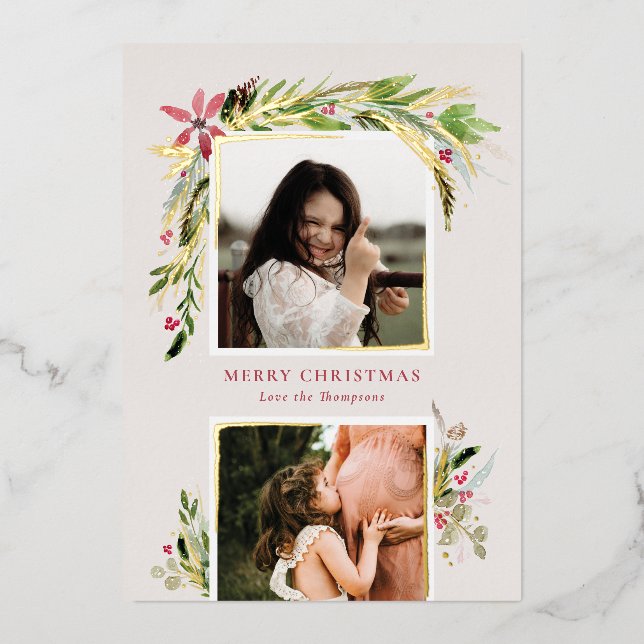 Foil Aquarelle Hiver Verdure Carte photo de vacanc (Recto)