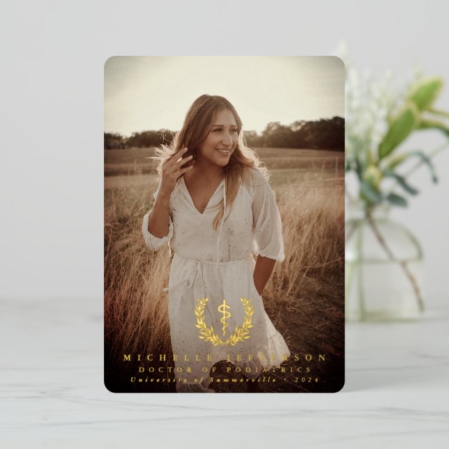 Foil Asclepius Med School Graduation Announcement (Standing Front)