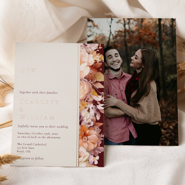 FOIL Autumn Floral Burgundy Monogram Photo Wedding (Creator Uploaded)