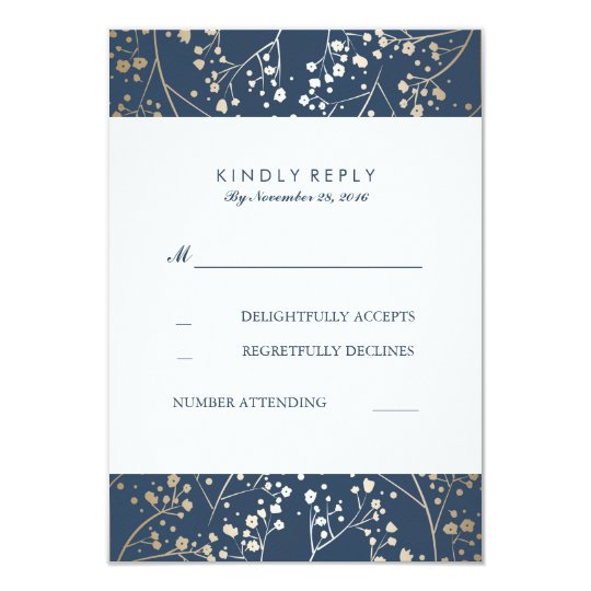 Foil Baby's Breath Navy Wedding RSVP Cards