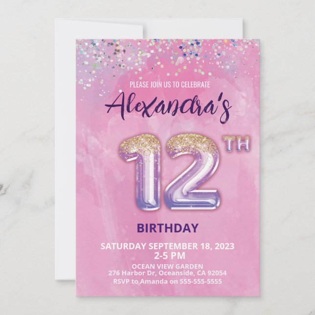 Foil Balloon 12th Birthday Invitation (Front)