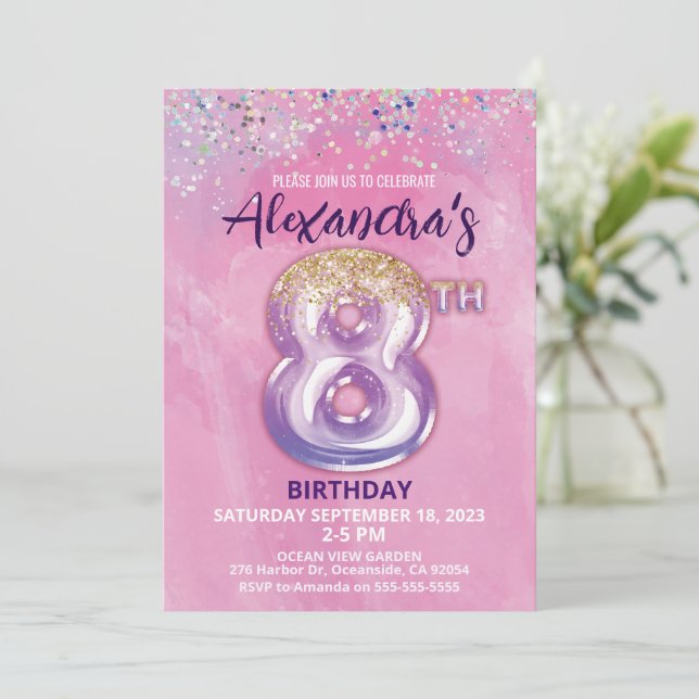 Foil Balloon 8th Birthday Invitation (Standing Front)
