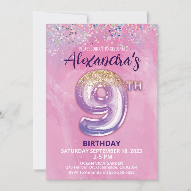 Foil Balloon 9e Invitation d'anniversaire (Devant)