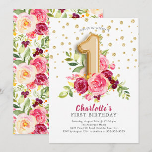 Foil Balloon Floral 1er anniversaire Invitation