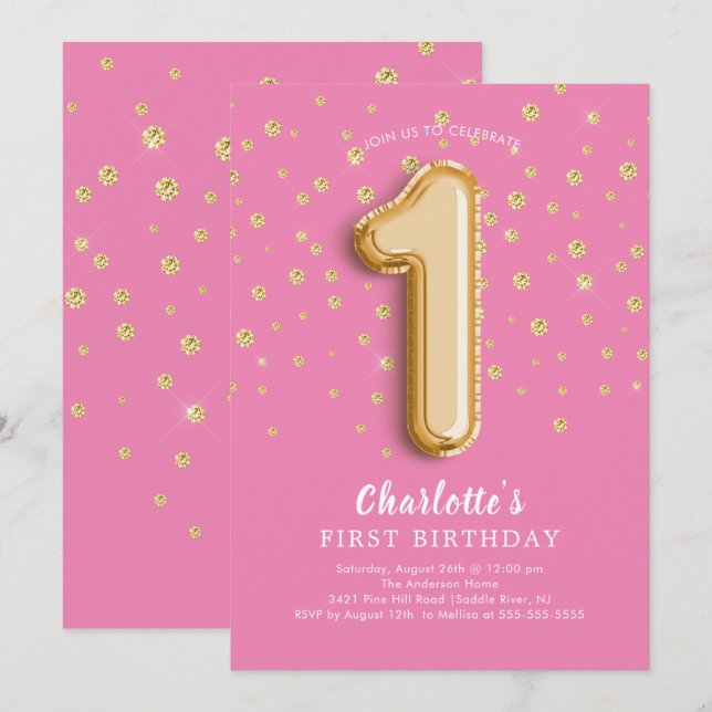 Foil Balloon Floral 1st Birthday Invitation (Front/Back)