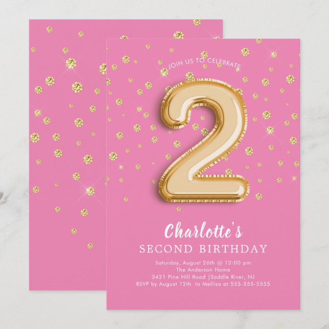 Foil Balloon Floral 2E Invitation d'anniversaire (Devant / Derrière)