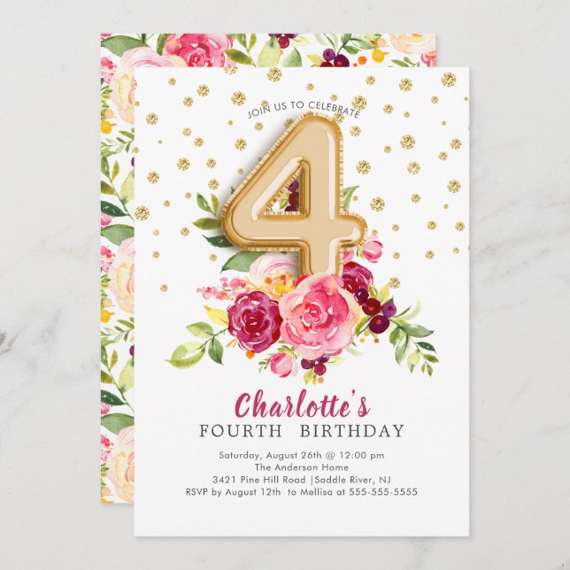 Foil Balloon Floral 4TH Birthday Invitation (Front/Back)