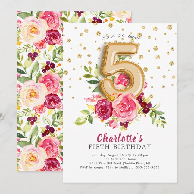 Foil Balloon Floral 5E Anniversaire Invitation (Devant / Derrière)