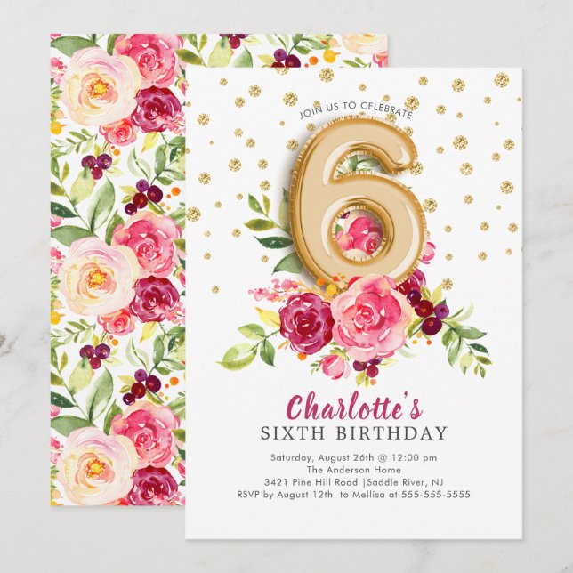 Foil Balloon Floral 6E Anniversaire Invitation (Devant / Derrière)