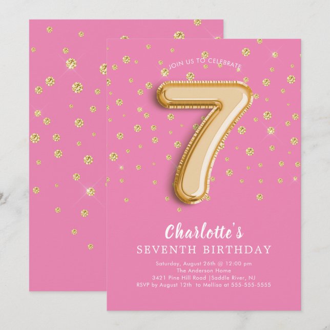 Foil Balloon Floral 7e anniversaire Invitation (Devant / Derrière)
