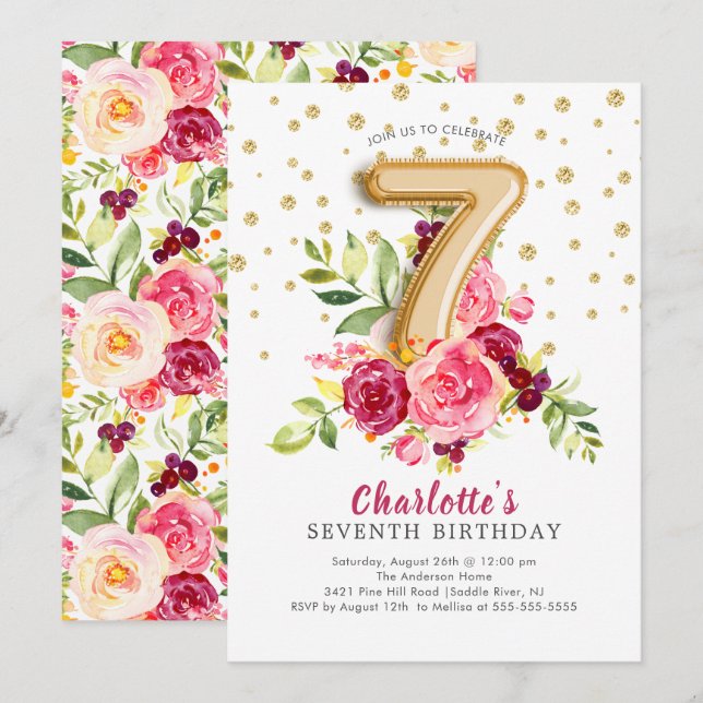 Foil Balloon Floral 7E Invitation d'anniversaire (Devant / Derrière)
