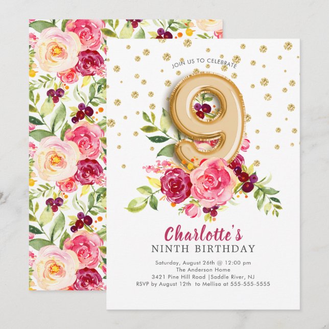 Foil Balloon Floral 9E Invitation d'anniversaire (Devant / Derrière)