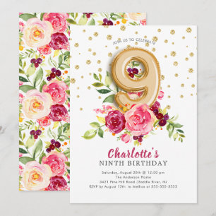 Foil Balloon Floral 9E Invitation d'anniversaire