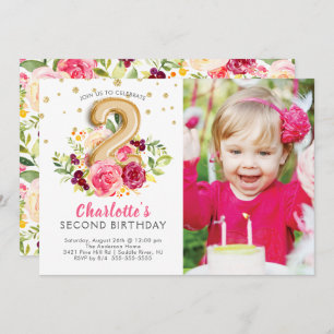 Foil Balloon Photo 2ND Birthday Invitation