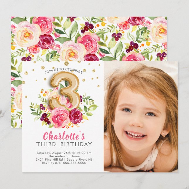 Foil Balloon Photo Third Birthday Invitation (Front/Back)