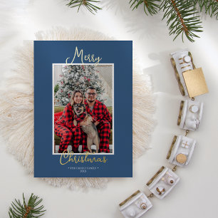 FOIL Blue Holly Jolly Merry Christmas One Photo Holiday Card