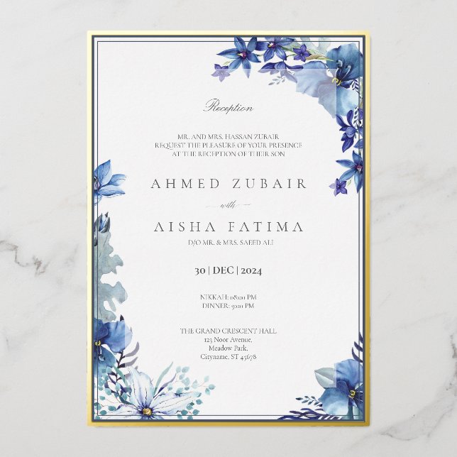 Foil border Reception Invitation with blue floral (Front)