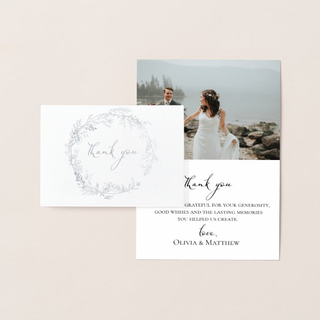 Foil Botanical Wreath Wedding Photo Thank You Card (Display)