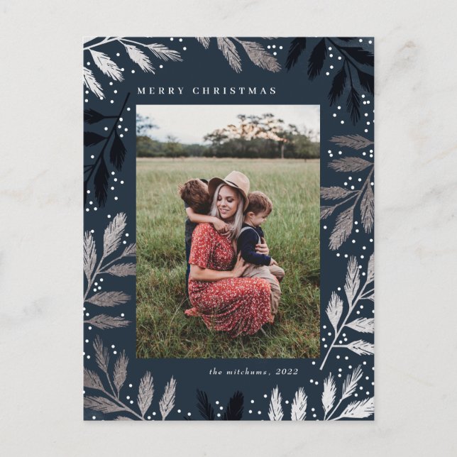 Foil Branches Merry Christmas Photo Frame Holiday Postcard (Front)