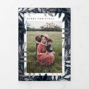 Foil Branches Merry Christmas Photo Frame Tri-Fold Holiday Card
