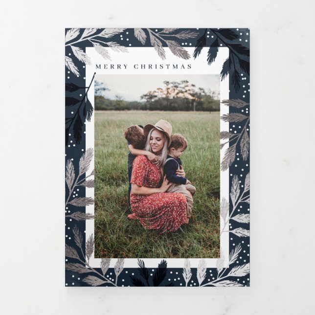 Foil Branches Merry Christmas Photo Frame Tri-Fold Holiday Card (Cover)
