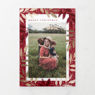 Foil Branches Merry Christmas Photo Frame Tri-Fold Holiday Card