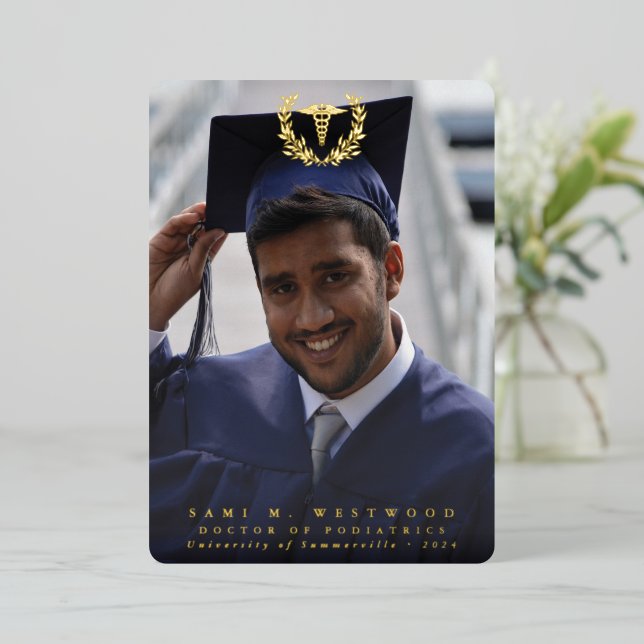 Foil Caduceus Med School Graduation Announcement (Standing Front)