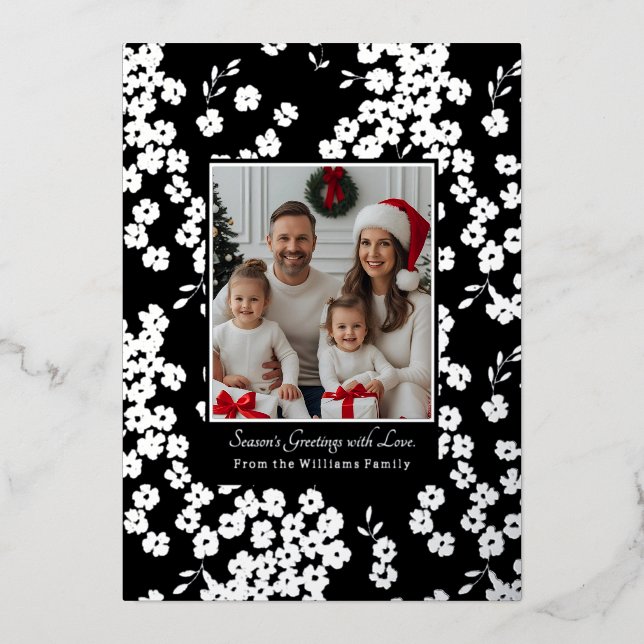 Foil Christmas Card Templates 2 Photo Floral Black (Front)