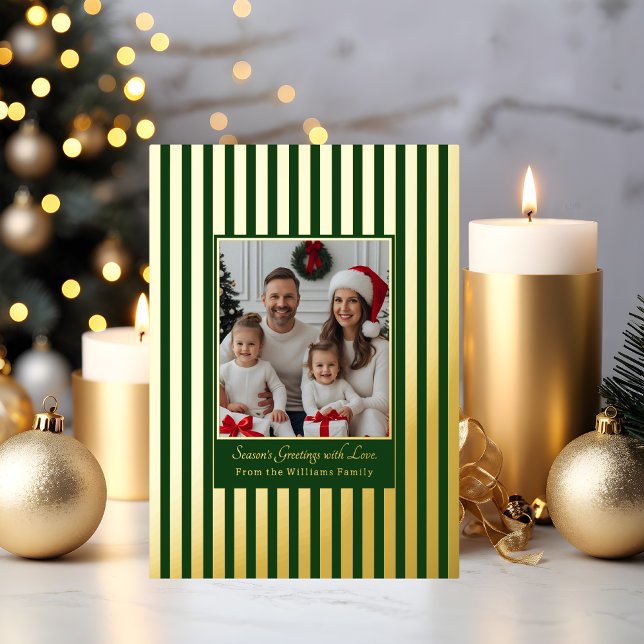 Foil Christmas Cards Template 2 Photo Green Stripe (Creator Uploaded)