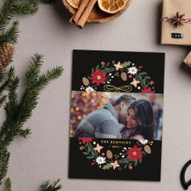 Foil Christmas Wreath Floral Holiday Photo Card