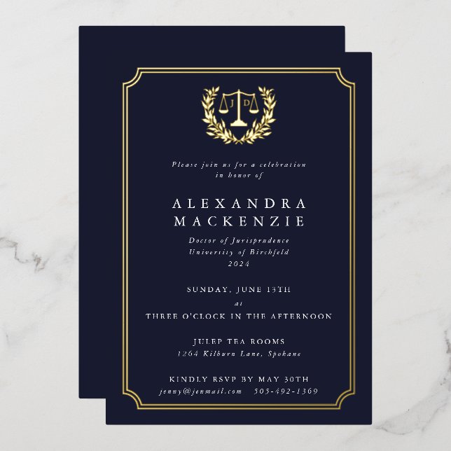 Foil+Dark Navy JD Law School Graduation Party (Front/Back)