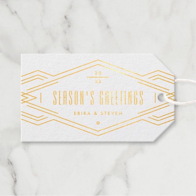 Foil Deco Band Vintage Holiday Photo Gift Tag (Front (Horizontal))
