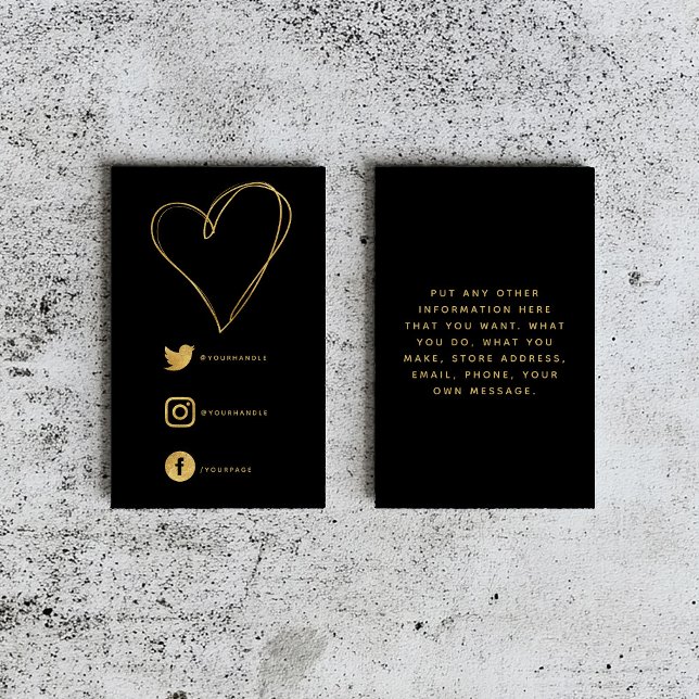 Foil effect heart and social links black thank you enclosure card (A black insert card with a line drawn gold heart and social media details.)