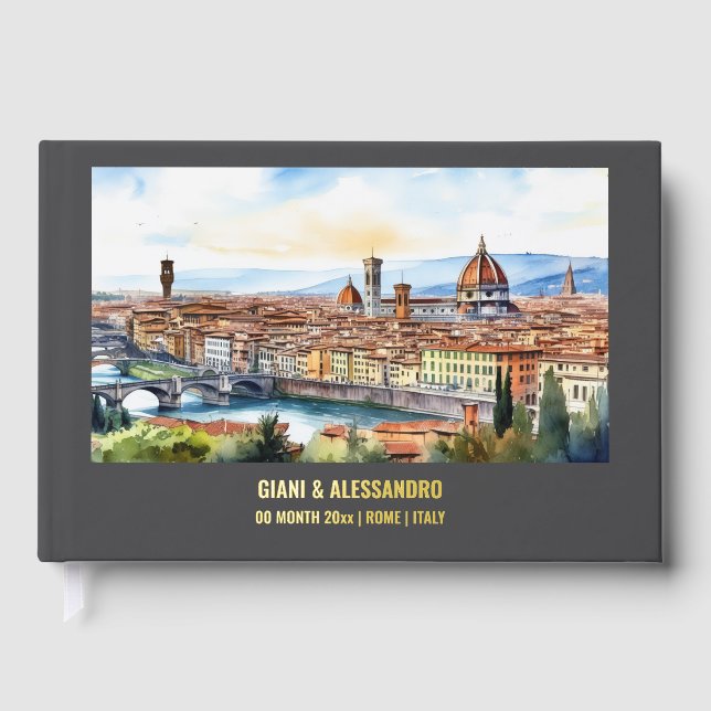 Foil Florence watercolor destination wedding grey Guest Book (Front)